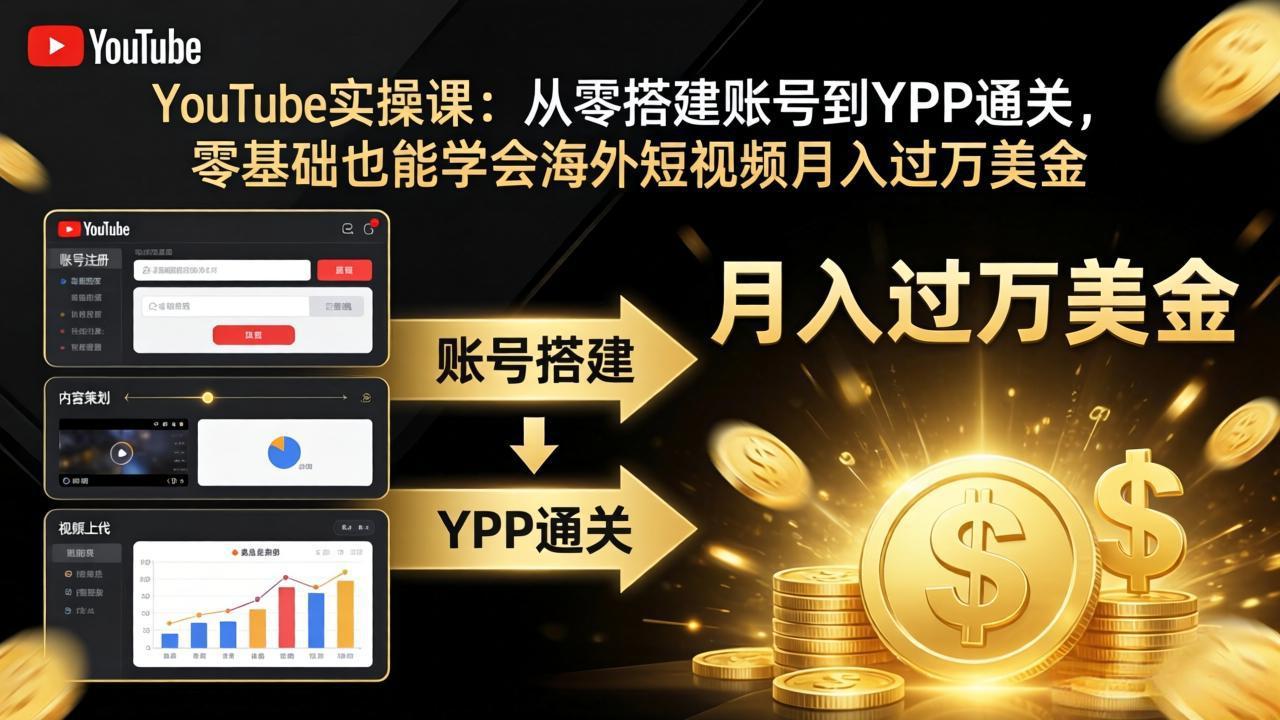 YouTube实操课：从零搭建账号到YPP通关，零基础也能学会海外短视频月入过万美金-聚合项目网