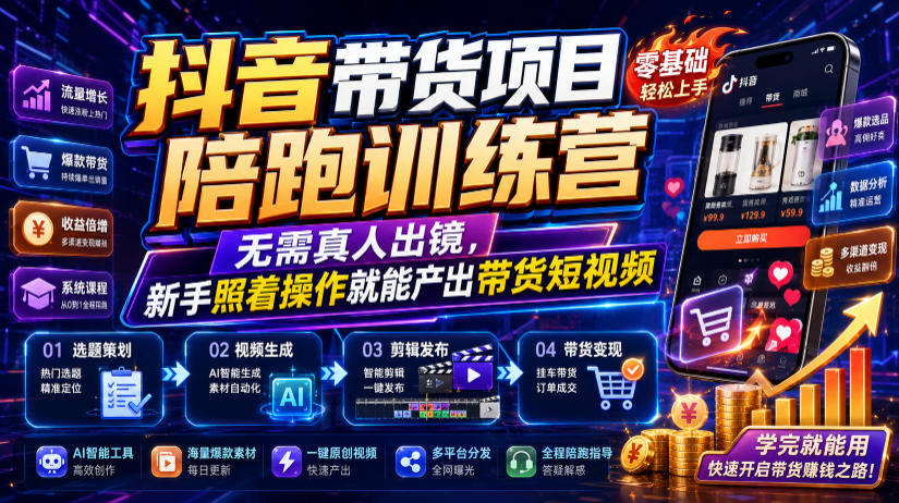 抖音带货项目陪跑训练营，无需真人出镜，新手照着操作就能产出带货短视频-聚合项目网