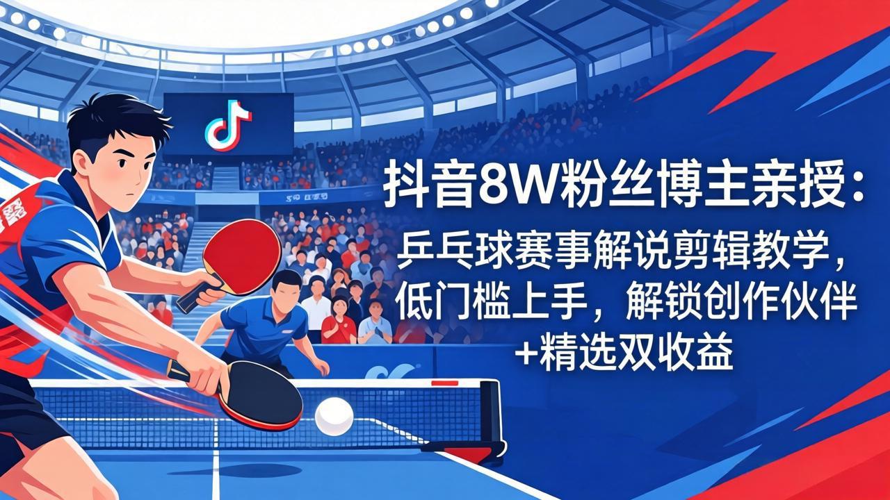 抖音8W粉丝博主亲授：乒乓球赛事解说剪辑教学，低门槛上手，解锁创作伙伴+精选双收益-聚合项目网