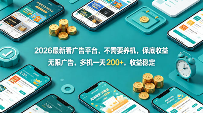2026最新看广告平台，不需要养机，保底收益，无限广告，多机一天200+，收益稳定【揭秘】-聚合项目网