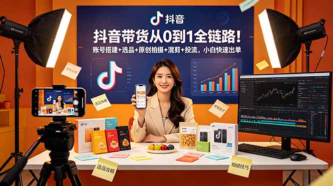 抖音带货从0到1全链路！账号搭建+选品+原创拍摄+混剪+投流，小白快速出单-聚合项目网