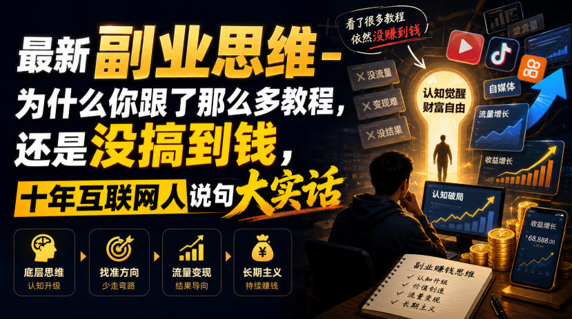 最新副业思维-为什么你跟了那么多教程，还是没搞到钱，十年互联网人说句大实话【揭秘】-聚合项目网