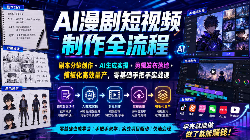 AI漫剧短视频制作全流程｜剧本分镜创作・AI生成实操・剪辑发布落地・模板化高效量产，零基础手把手实战课-聚合项目网