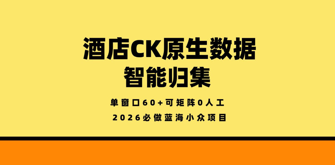 酒店CK原生数据智能归集，单窗口60+可矩阵0人工，2026必做蓝海小众项目【揭秘】-聚合项目网