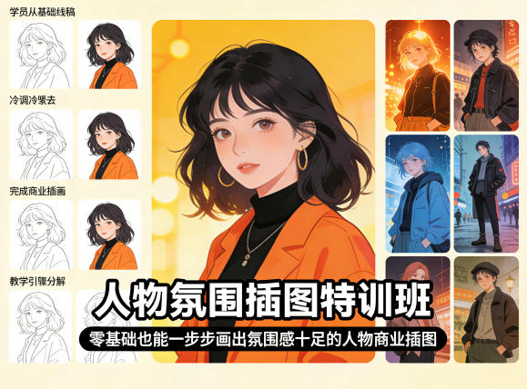 人物氛围插图特训班，零基础也能一步步画出氛围感十足的人物商业插图-聚合项目网