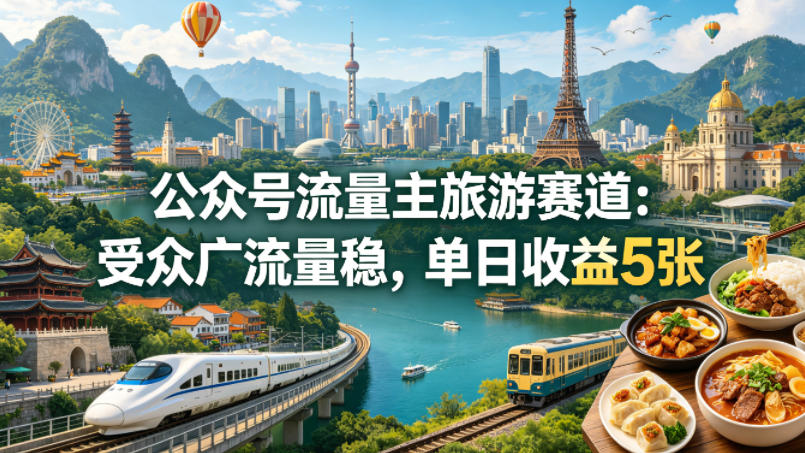 公众号流量主之旅游赛道，受众广+流量稳，平均单日收益5张+-聚合项目网