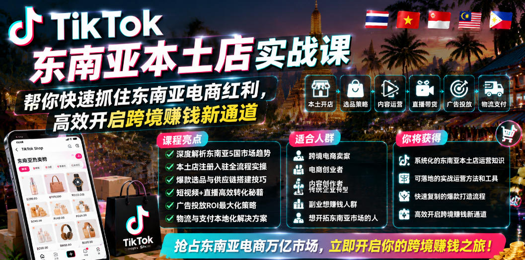 TikTok东南亚本土店实战课，帮你快速抓住东南亚电商红利，高效开启跨境賺钱新通道-聚合项目网