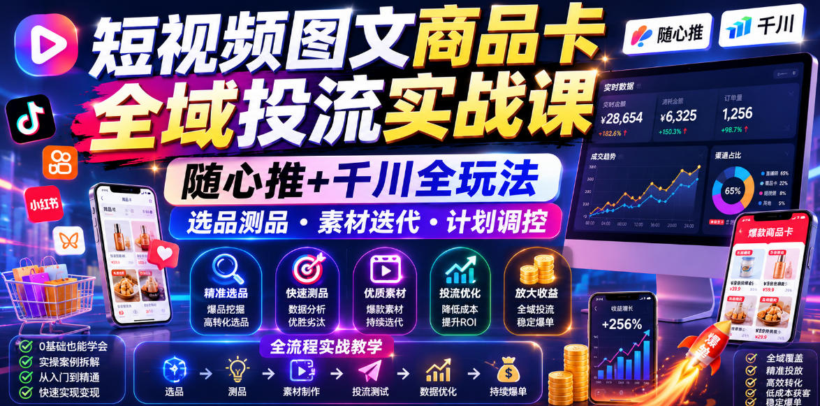 短视频图文商品卡全域投流实战课，随心推+千川全玩法，选品测品・素材迭代・计划调控，提升ROI爆单增收教程-聚合项目网