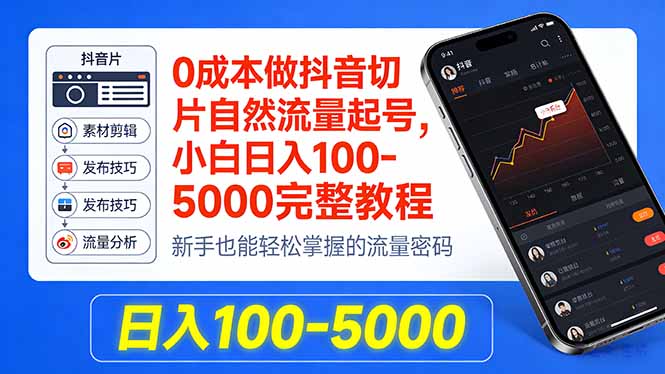 0成本做抖音切片自然流量起号，小白日入100-5000完整教程-聚合项目网