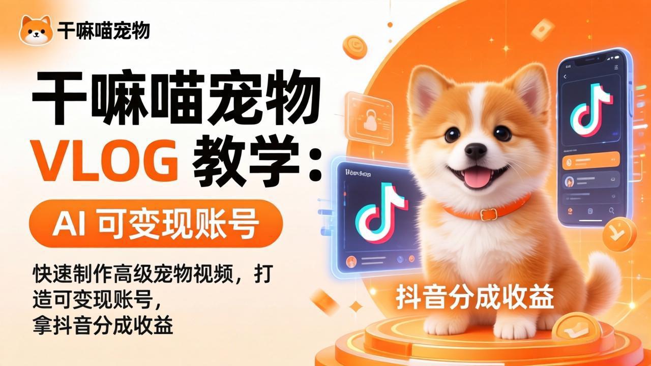 干嘛喵宠物 VLOG 教学：AI 快速制作高级宠物视频，打造可变现账号，拿抖音分成收益-聚合项目网
