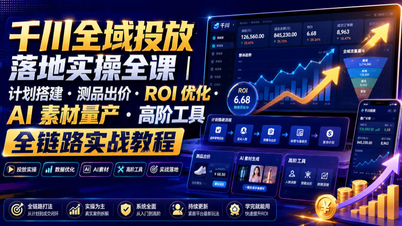 千川全域投放落地实操全课｜计划搭建・测品出价・ROI优化・AI素材量产・高阶工具全链路实战教程-聚合项目网