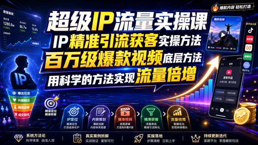超级IP流量实操课，IP精准引流获客实操方法，百万级爆款视频底层方法，用科学的方法实现流量倍增-聚合项目网