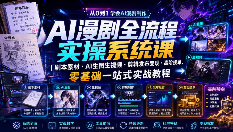 AI漫剧全流程实操系统课｜剧本素材・AI生图生视频・剪辑发布变现・高阶接单，零基础一站式实战教程-聚合项目网