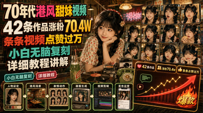 70年代港风甜妹视频，42条作品涨粉70.4W，条条视频点赞过万，小白无脑复刻，详细教程讲解-聚合项目网