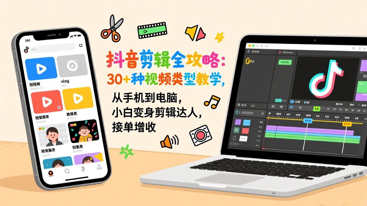 抖音剪辑全攻略：30+种视频类型教学，从手机到电脑，小白变身剪辑达人，接单增收-聚合项目网