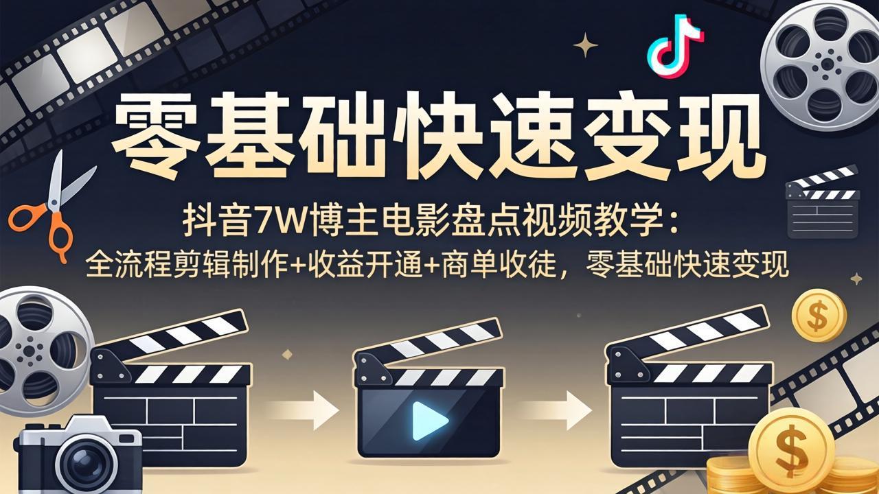 抖音7W博主电影盘点视频教学：全流程剪辑制作+收益开通+商单收徒，零基础快速变现-聚合项目网