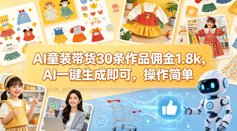 AI童装带货30条作品佣金1.8k，AI一键生成即可，操作简单-聚合项目网