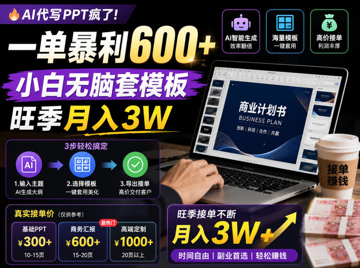 AI代写PPT疯了！一单暴利600+，小白无脑套模板，旺季月入3W，不用苦哈哈引流【揭秘】-聚合项目网