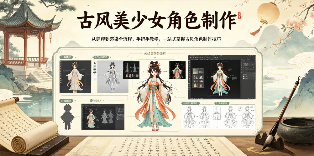 古风美少女角色制作，从建模到渲染全流程，手把手教学，一站式掌握古风角色制作技巧-聚合项目网