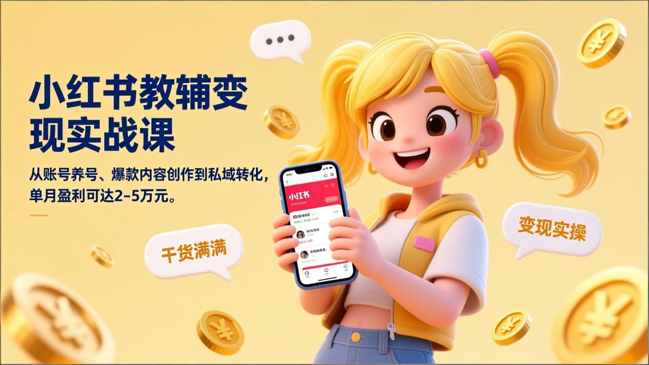 小红书教辅变现实战课，从账号养号、爆款内容创作到私域转化，单月盈利可达2-5万元-聚合项目网
