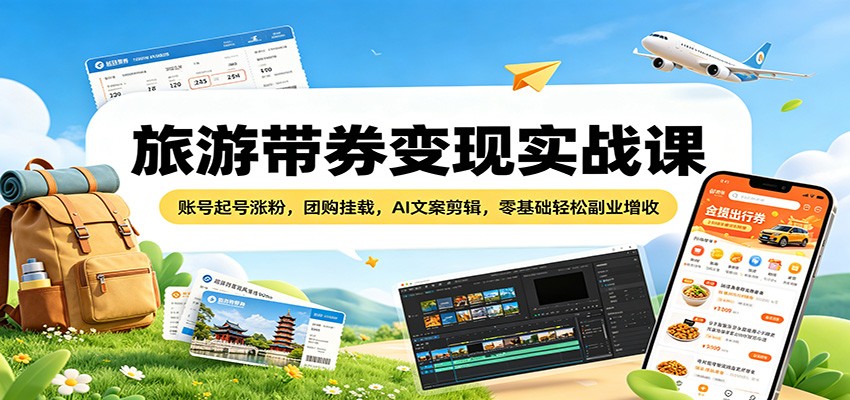 旅游带券变现实战课：账号起号涨粉，团购挂载，AI文案剪辑，零基础轻松副业增收-聚合项目网