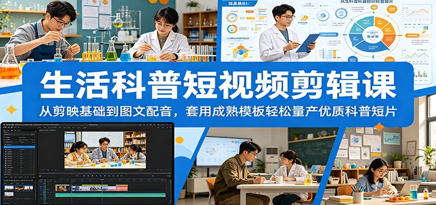 生活科普短视频剪辑课：从剪映基础到图文配音，套用成熟模板轻松量产优质科普短片-聚合项目网