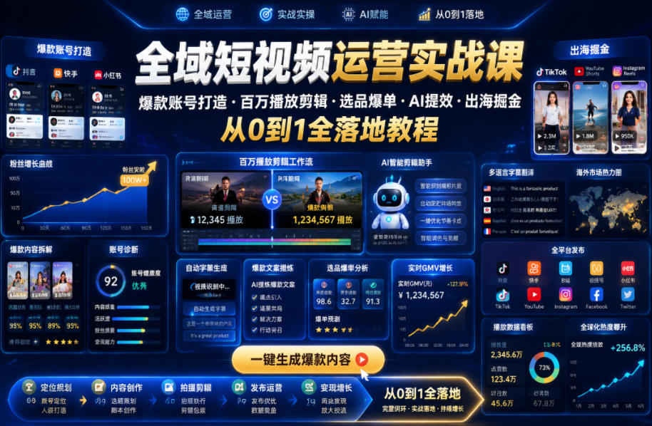 全域短视频运营实战课，爆款账号打造・百万播放剪辑・选品爆单・AI提效・出海掘金，从0到1全落地教程-聚合项目网