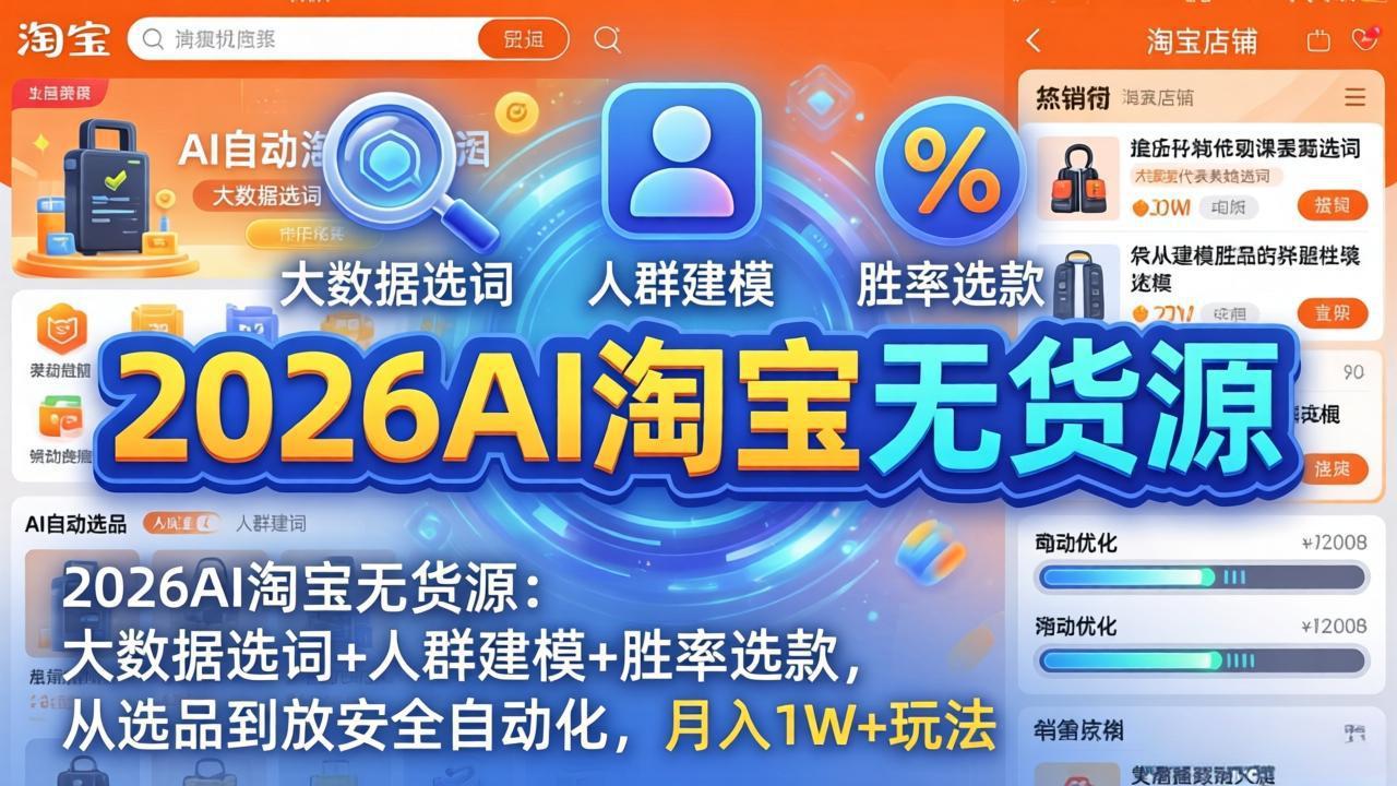 2026AI淘宝无货源-4月更新：大数据选词+人群建模+胜率选款，从选品到放大全自动化，月入1W+玩法-聚合项目网