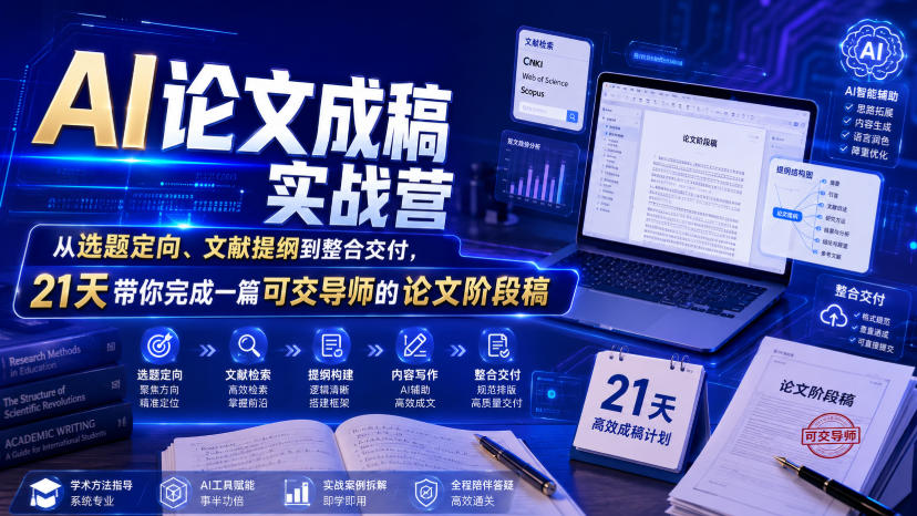 AI论文成稿实战营，从选题定向、文献提纲到整合交付，21天带你完成一篇可交导师的论文阶段稿-聚合项目网