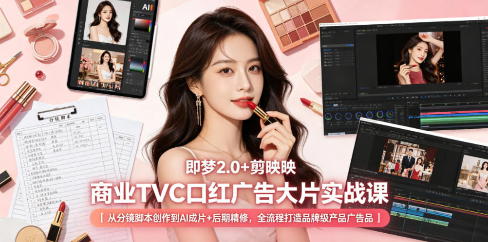 即梦2.0+剪映商业TVC口红广告大片实战课｜从分镜脚本创作到AI成片+后期精修，全流程打造品牌级产品广告-聚合项目网