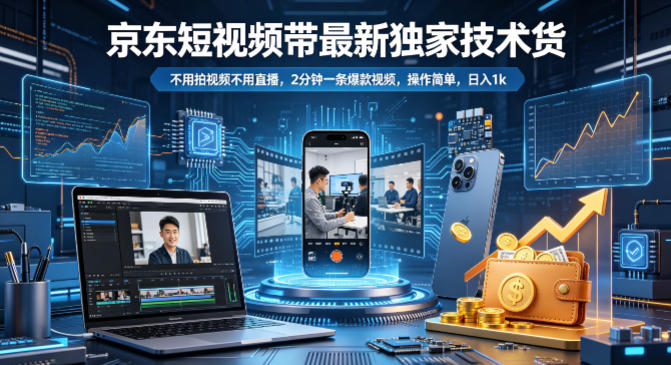 京东短视频带货最新独家技术，不用拍视频不用直播，2分钟一条爆款视频，操作简单，日入1k+【揭秘】-聚合项目网