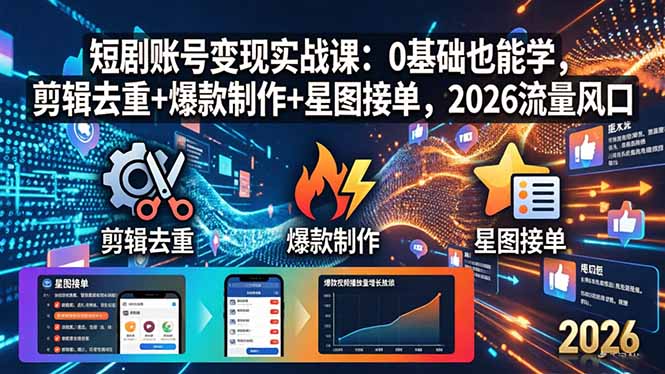 短剧账号变现实战课：0基础也能学，剪辑去重+爆款制作+星图接单，2026流量风口-聚合项目网