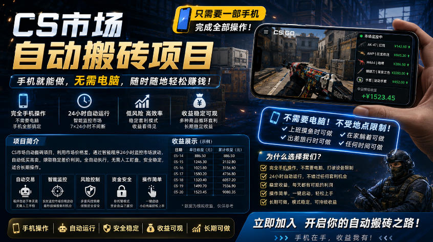 手机即可操作的CS市场自动搬砖系统｜自动监控｜自动下单|日入300+【揭秘】-聚合项目网
