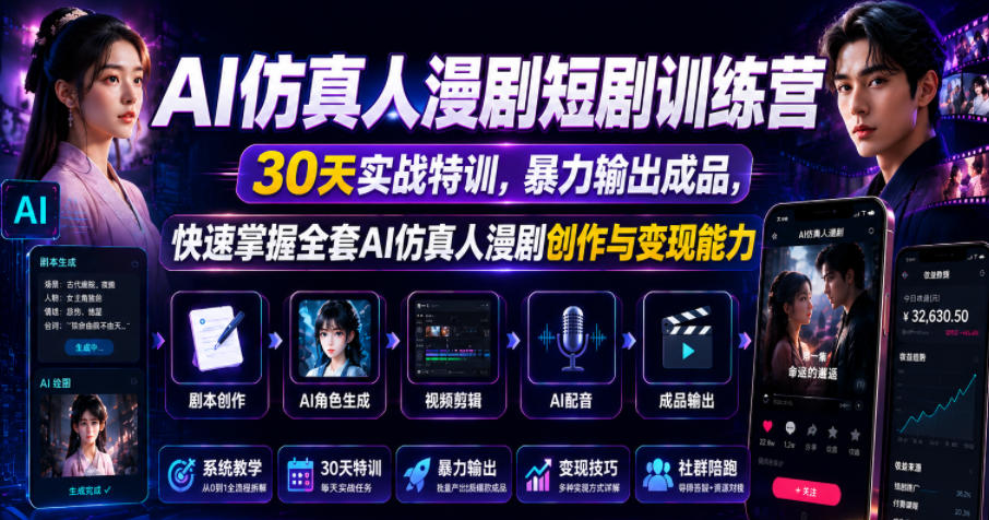 AI仿真人漫剧短剧训练营，30天实战特训，暴力输出成品，快速掌握全套AI仿真人漫剧创作与变现能力-聚合项目网