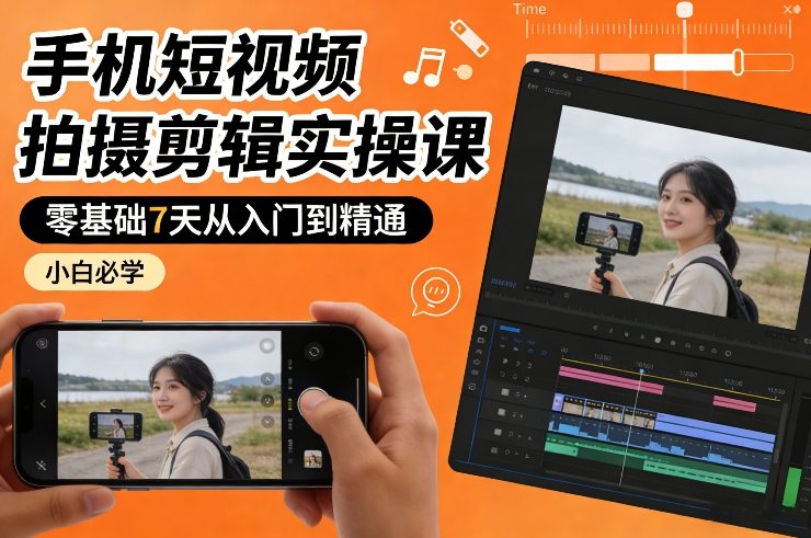 手机短视频拍摄剪辑实操课，零基础7天从入门到精通，小白必学-聚合项目网