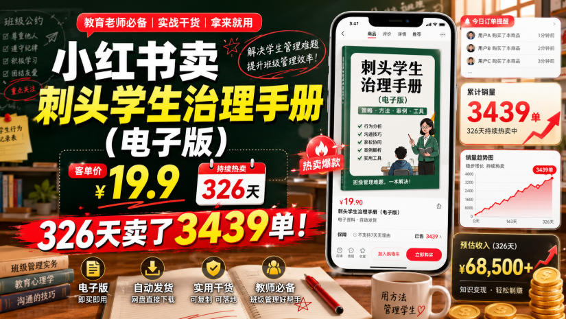 小红书卖刺头学生治理手册(电子版)，客单价19.9，326天卖了3439单！-聚合项目网
