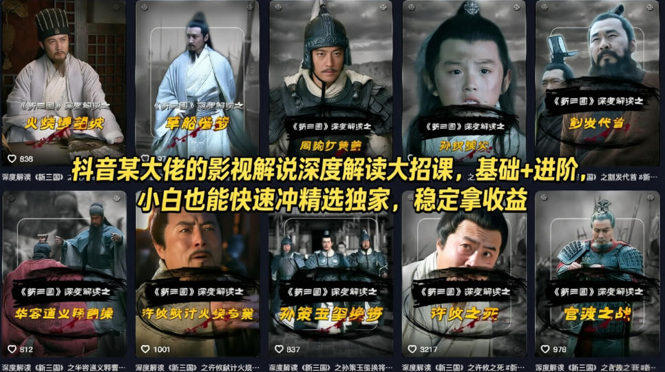 抖音某大佬的影视解说深度解读大招课，基础+进阶，小白也能快速冲精选独家，稳定拿收益-聚合项目网