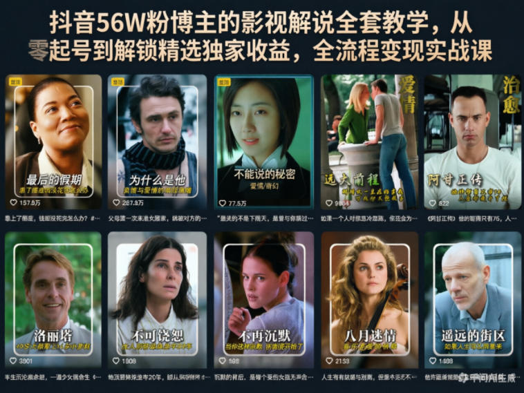 抖音56W粉博主的影视解说全套教学，从零起号到解锁精选独家收益，全流程变现实战课-聚合项目网