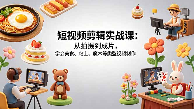 短视频剪辑实战课：从拍摄到成片，学会美食、粘土、魔术等类型视频制作-聚合项目网