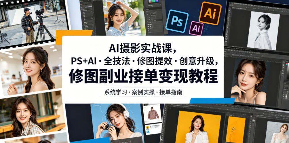 AI摄影实战课，PS+AI・全技法・修图提效・创意升级，修图副业接单变现教程-聚合项目网