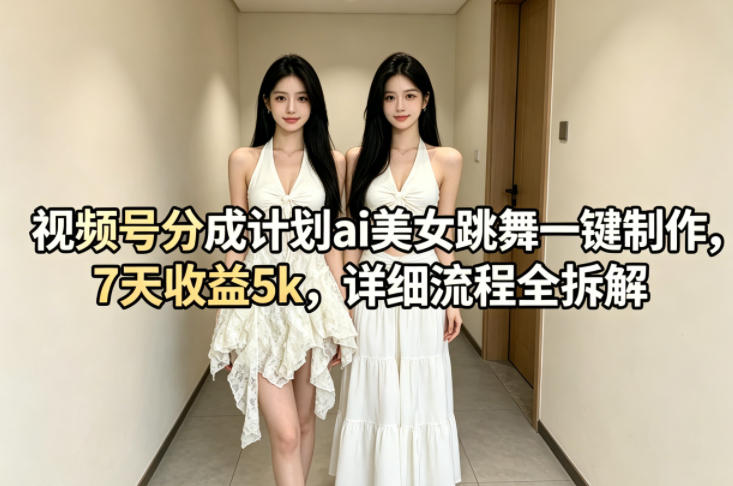 视频号分成计划ai美女跳舞一键制作，7天收益5k，详细流程全拆解-聚合项目网