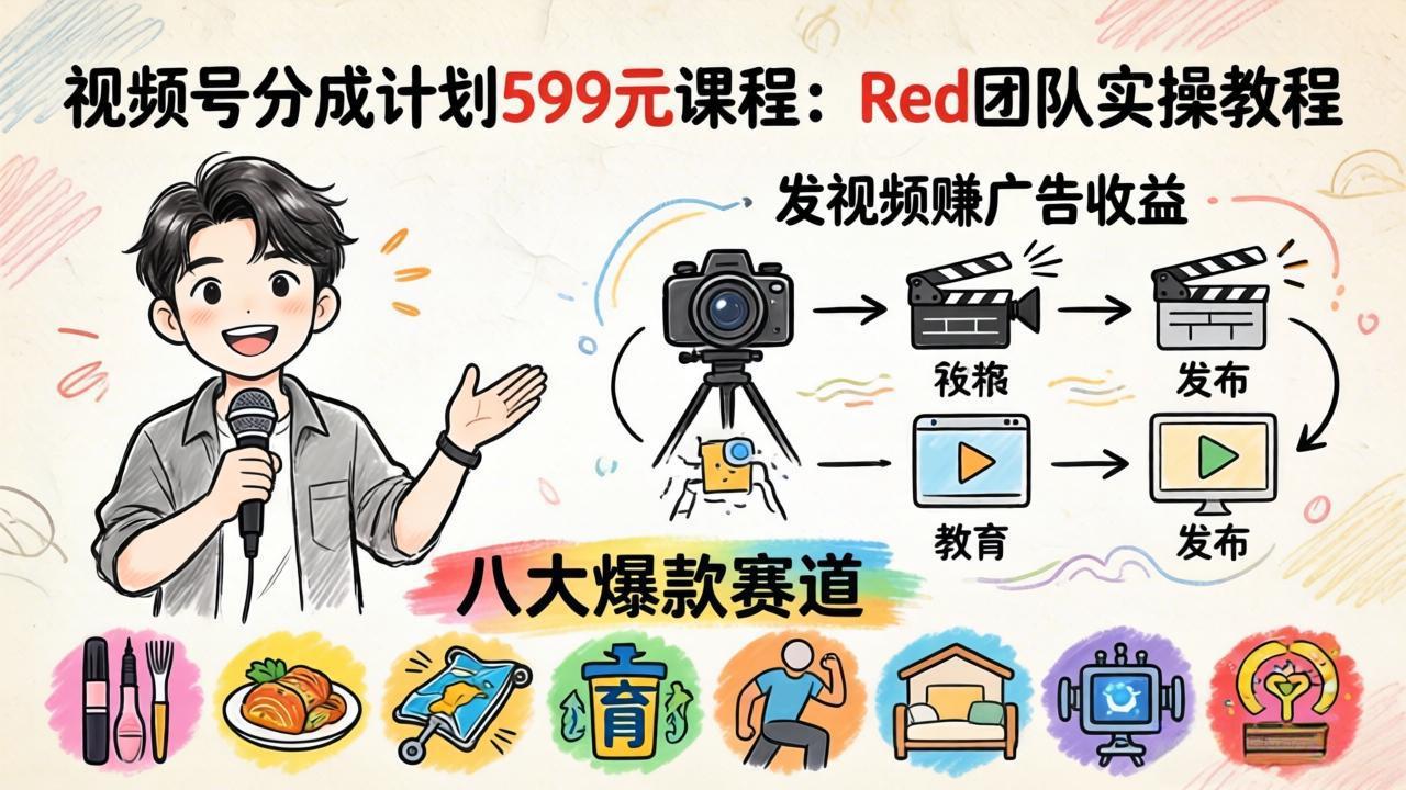 视频号分成计划599元课程：Red团队实操教程，发视频赚广告收益，八大爆款赛道全掌握-聚合项目网