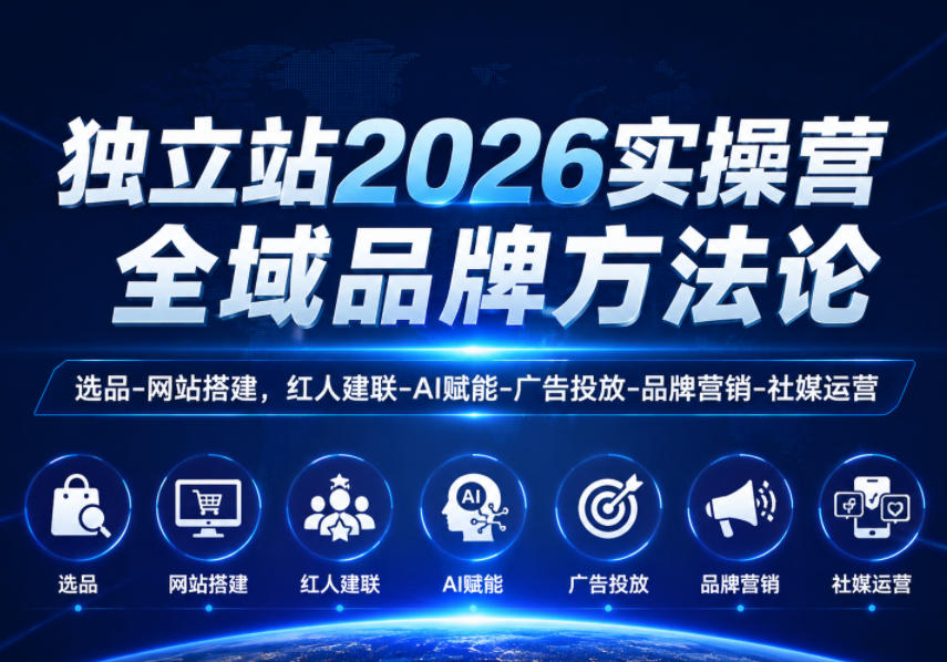 独立站2026实操营，全域品牌方法论，选品-网站搭建，红人建联-AI赋能-广告投放-品牌营销-社煤运营-聚合项目网