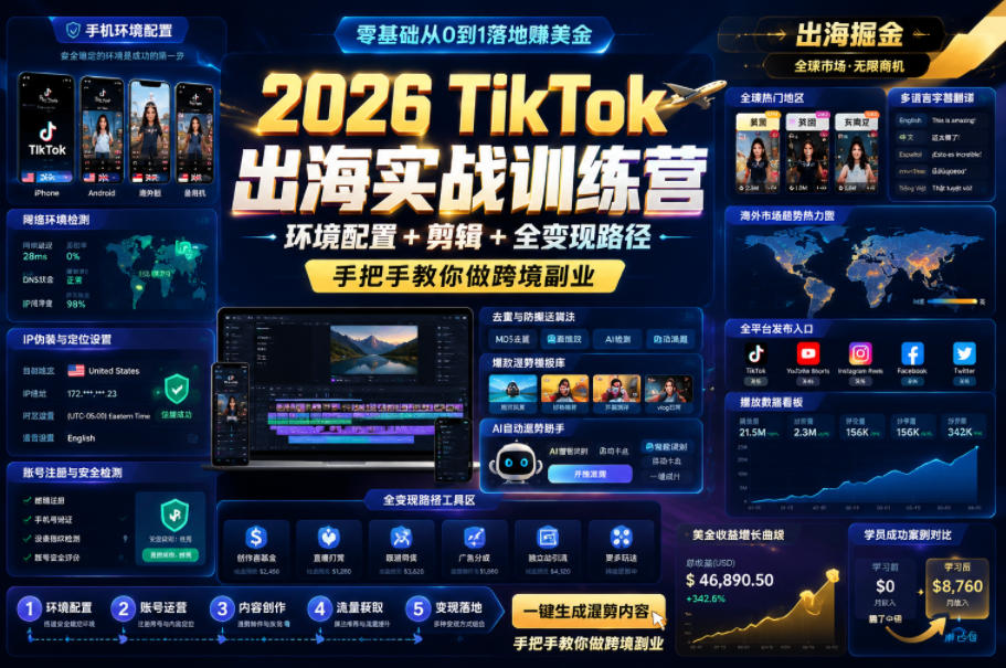 2026 TikTok出海实战训练营，环境配置 + 剪辑 + 全变现路径，手把手教你做跨境副业-聚合项目网