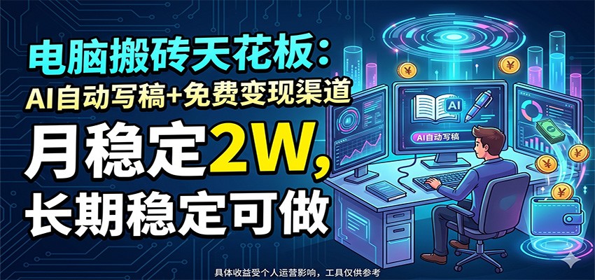 电脑搬砖天花板：AI自动写稿+免费变现渠道，月稳定2W，长期稳定可做-聚合项目网