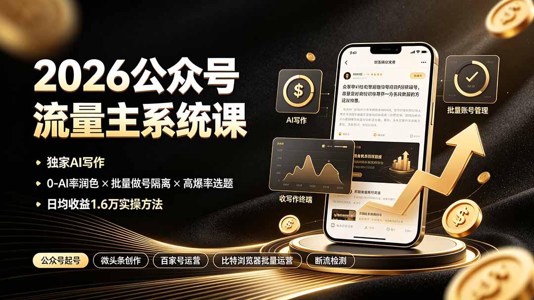 2026公众号流量主系统课：独家AI写作×0-AI率润色×批量做号隔离×高爆率选题，日均收益1.6万实操方法-聚合项目网