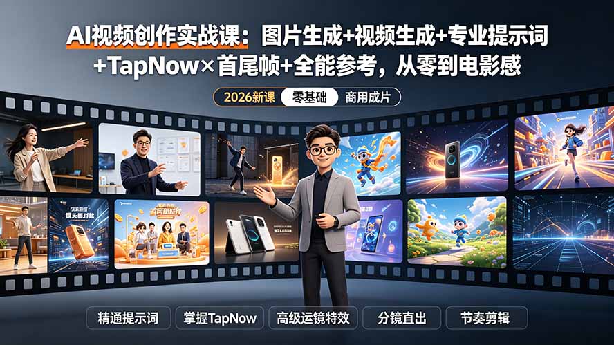 AI视频创作实战课：图片生成+视频生成+专业提示词+TapNow×首尾帧+全能参考，从零到电影感成片-聚合项目网
