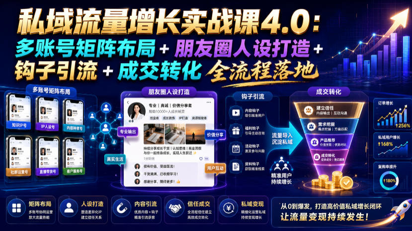 私域流量增长实战课4.0：多账号矩阵布局+朋友圈人设打造+钩子引流+成交转化全流程落地-聚合项目网