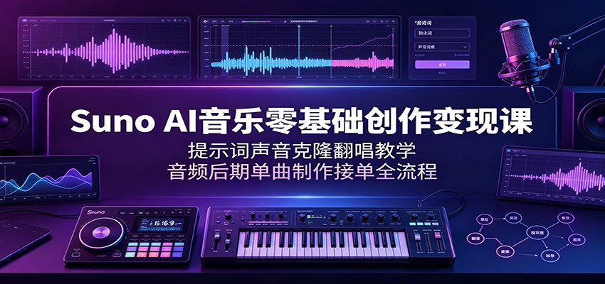 Suno AI音乐零基础创作变现课:提示词声音克隆翻唱教学,音频后期单曲制作接单全流程-聚合项目网
