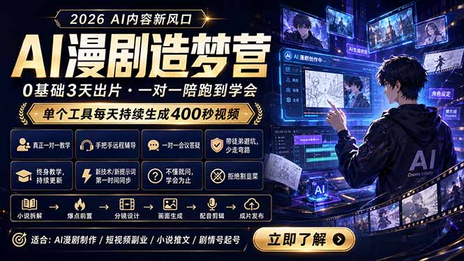 AI漫剧造梦营：0基础3天出片，单个工具每天持续生成400秒视频-聚合项目网